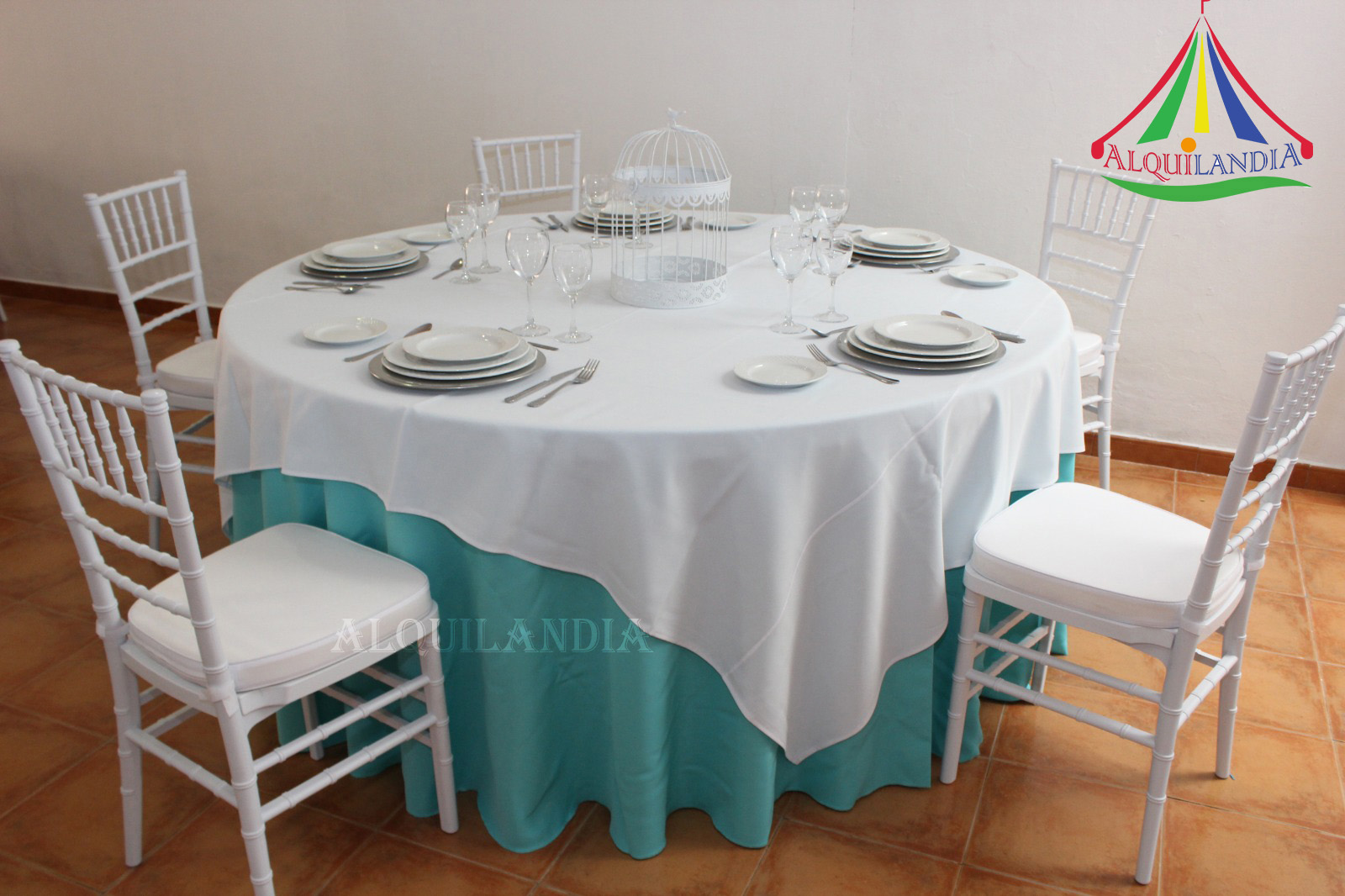 Mantel Turquesa y cubrementel Blanco
